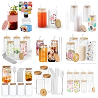 Vasos de Vidrio Borosilicato Transparente Esmerilado de 500 ml con Diseño para Sublimación, Vasos Libby con Forma de Lata de Cerveza o Refresco, con Tapa y Pajita para Té