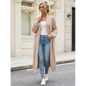 <span class=keywords><strong>Cardigan</strong></span> long décontracté en maille torsadée pour <span class=keywords><strong>femme</strong></span>, col à revers, coupe oversize, devant ouvert, style manteau - Product Image 5
