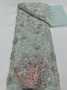 Tela de encaje floral 3D vintage K/C con cuentas y <span class=keywords><strong>lentejuelas</strong></span> de malla de peso medio para vestido de noche de boda africano Aso Ebi Dubai - Product Image 6
