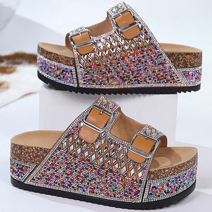 Sandales compensées pour femmes, chaussures tendance pour filles, grandes tailles, double boucle, strass, pantoufles d'été, liège antidérapant, extérieur - Product Image 4