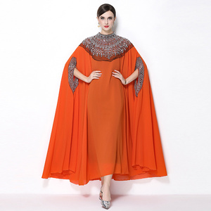 Vestido tipo capa maxi de chifón tejido lavable con cuello alto, cintura holgada, pedrería natural y cuentas, en 6 colores sólidos, ideal para verano. - Product Image 4