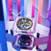 Montre Couple Tourbillon Personnalisée de Haute Qualité, Bracelet en Caoutchouc Tendance, Montres Mécaniques Tourbillon Carrées Transparentes Étanches