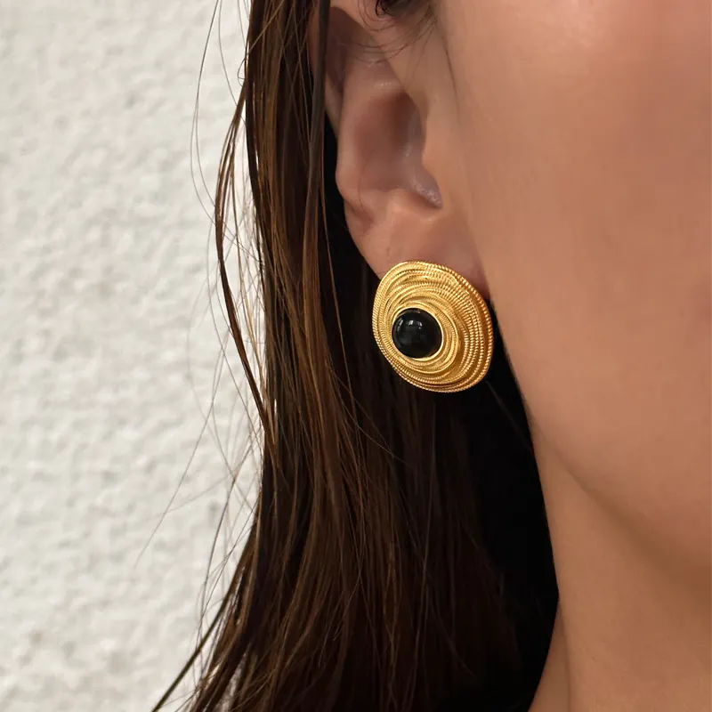 Pendientes de piedra de ágata negra al por mayor, joyería impermeable de acero inoxidable, pendientes gruesos chapados en oro real, pendientes de oro 18K reales