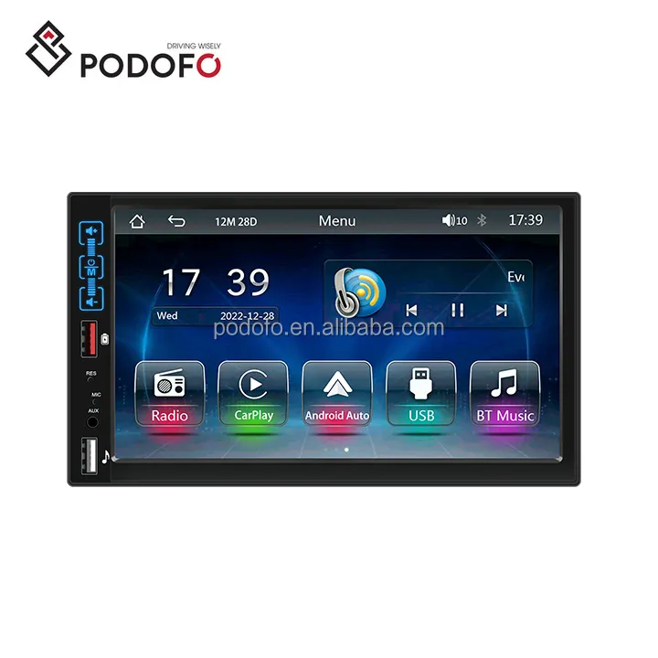 Podofo 1 Din layar 7 inci mobil, pemutar MP5 nirkabel Android Auto BT FM Dual USB pengisian daya cepat mikrofon DVR mobil Stereo Autoradio