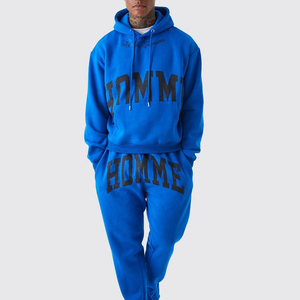 Conjunto de Sudadera con Capucha Azul para Hombre, Corte Holgado, Felpa, Chándal Informal con Bolsillo, Ropa de Otoño - Product Image 1