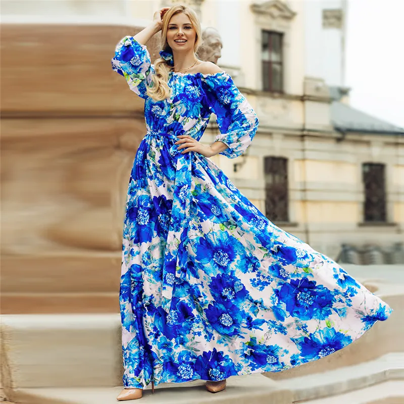 2022 Fashion women Bohemian Long Dress Long Sleeve Floral Printed loose Casual womens dresses