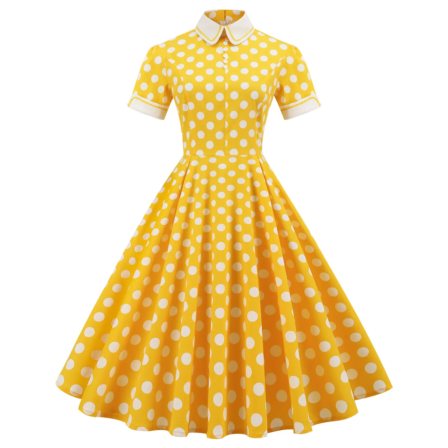 Retro Vintage Rockabilly Dress VD2840 Ngắn Tay Áo Vàng Polka Dots Một Dòng Swing Phụ Nữ Sexy Bông Mùa Hè Dresses