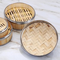 J8 Panier vapeur en bambou chinois écologique de grande capacité avec anneaux en acier pour boulettes et défroisseurs de légumes