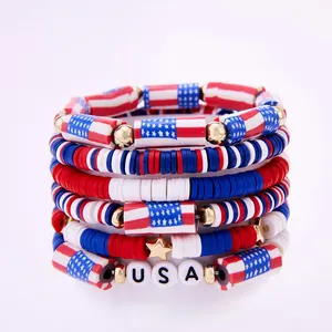 2024 Trendy Polymer Clay Beaded Alphabet Bracelet the Stars Stripes the Old Glory Charm Independence Day Pendants USA Bracelet