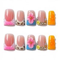 Faux ongles à presser de taille moyenne, couleur nude pastel, French manucure, motif floral 3D, strass roses, bulles orange, ongles artificiels complets