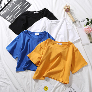 T-shirt corta estiva da donna bianca a tinta unita, con ombelico scoperto, vestibilità ampia - Product Image 1