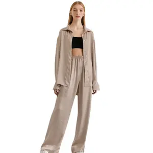 OEM Supplier Plain Satin Sleep Wear Set Woman Pijamas Ladies Night Wear Satin Pajamas Long Sleeves With Pants PJ Sets