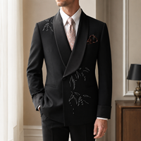 Blazer noir croisé en satin à revers châle, broderie blanche motif bambou, coupe ajustée, pour costumes de mariage formels pour hommes