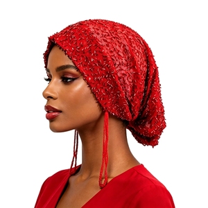10 Couleurs Nouveauté Turban Malaisien Instantané Riche en Perles et Pompons, Foulard Respirant en Polyester, Hijabs pour Mariages et Banquets pour Femmes - Product Image 3