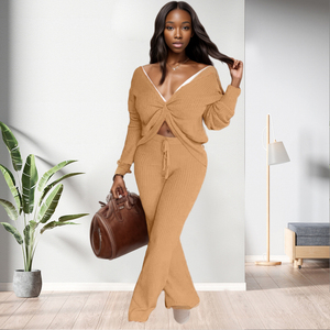 ชุดเซ็ตสองชิ้น เสื้อครอปคอวีทรงไม่สมมาตร สไตล์ลำลองแฟชั่นสำหรับผู้หญิง ประจำฤดูใบไม้ร่วง - Product Image 2