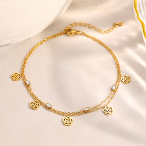 Fashion <b>Anklets</b> Stainless Steel 18k <b>Gold</b> Plated Flower Design Bezel Setting Foot Ornament Vacation Style - Product Image 2