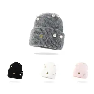 2024 Autumn Winter Womens Knit Beanie Hats Outdoor Rabbit Fur Cold Hat Casual Pearl Beanie Hat