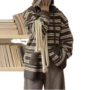 เสื้อโค้ทสเวตเตอร์มีฮู้ดลายทางสำหรับผู้หญิงเสื้อแจ๊กเก็ตยาวกระดุมถักสำหรับฤดูใบไม้ร่วงฤดูหนาว2025ตามสั่ง - Product Image 1