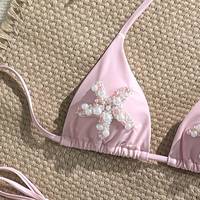 Op maat gemaakte roze bikiniset voor dames, sexy bikini met zeester- en pareldecoratie, halter badpak, strandkleding, badkleding, groothandel