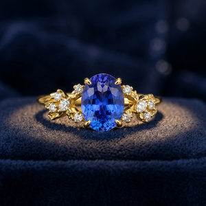 Anillo de Oro 10K/14K/18K o Plata 925/935 con Zafiro Ovalado y Diseño Floral Inspirado en la Naturaleza, Engaste de Garra, Chapado en Rodio, Listo para Boda - Product Image 1