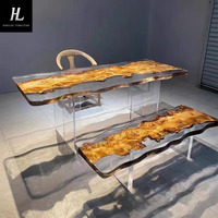 Table de bureau moderne italienne créative en résine époxy, plateau en bois massif, table à manger ondulée