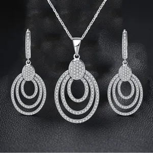 RINNTIN SS67豪华珠宝设计银色925圆形锆石耳环和项链迪拜新娘珠宝套装婚礼