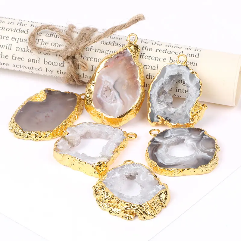 Natural Geode Druzy Agate Slice Pendant 24K Gold Plated Druzy Stone Slab Wholesale Agate Custom Pendant Charms For Necklace