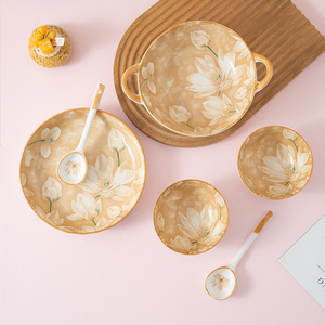 Nordic Plant Lotus Pond Moonlight <b>Bone</b> China Bowl High-Value Douyin Internet Celebrity Tableware Home Use Underglaze Color - Product Image 3
