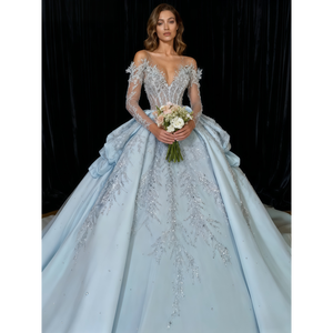 שמלות כלה מפוארות באורך הרצפה, בגזרת A, מודרניות, עם אפליקציות תחרה, קריסטלים, שמלות נשף במידות גדולות, טבעיות, לחתונה - Product Image 1