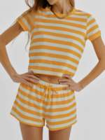 Ensemble 2 pièces loungewear pour femme : T-shirt rayé oversize à manches courtes et short, personnalisable avec logo, vente en gros