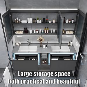 Meuble-lavabo mural gris moderne avec double vasque intégrée sans joint et armoire miroir LED intelligente anti-buée - Product Image 3
