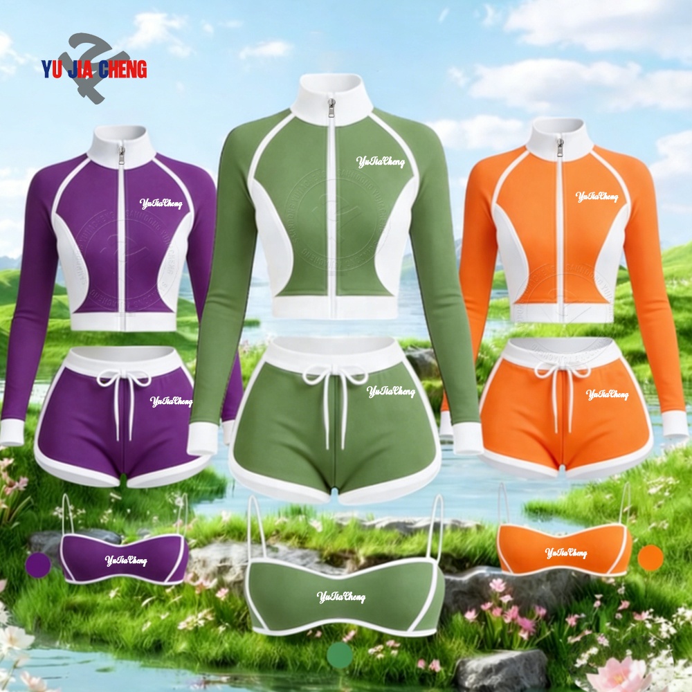 Gym Activewear Ladies Workout Outfits 3 Piece Sportswear Zip Up Color Block Yoga Top Sports Bra Tracksuit Shorts Set Women