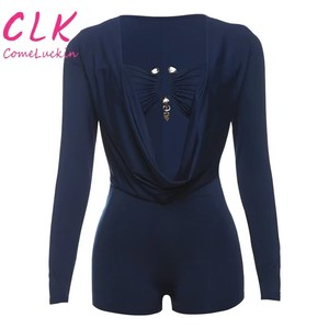 Mono corto sexy ajustado de manga larga con cuello en V profundo y diseño hueco para mujer, ideal para discoteca, de una pieza, para verano. - Product Image 2
