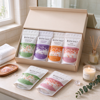 Sel de bain 500g en sachet refermable, naturel et biologique, aux senteurs de rose, lavande, eucalyptus et agrumes, pour bain relaxant, marque privée, coffret cadeau de sel de bain
