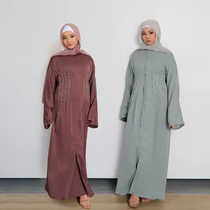 New islamic clothing Eid 2 pieces textured beaded open abaya set modest inner dress open kimono abaya with hand beaded crystal