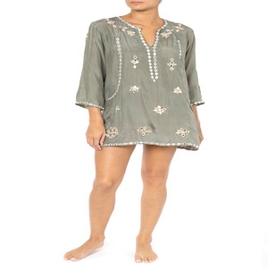 Vestido de Gasa Bohemio Bordado de Tallas Grandes con Cuello en V, Manga Tres Cuartos, Silueta Holgada, Mini Casual de Verano con Estampado Geométrico para Mujer - Product Image 1