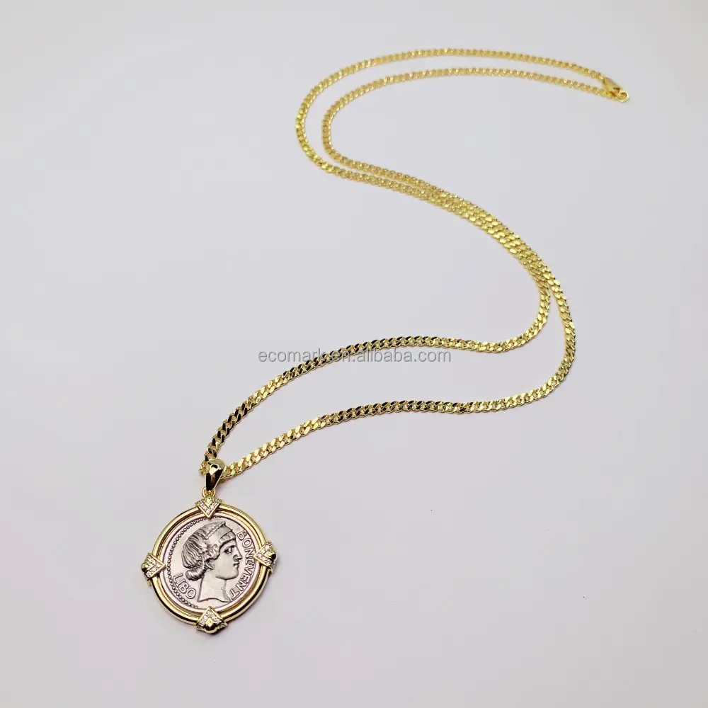 Vintage Portrait 925 sterling silver Crystal hiphop jewelry coin pendant necklace gold coin necklace