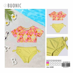 Set bikini floreale HDJ per ragazze con top corto e slip giallo con laccetti laterali, taglie 74/80 86/92 98/104 per abbigliamento da spiaggia - Product Image 2