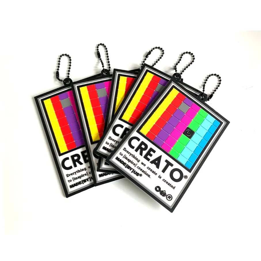 Tag ayunan karet PVC transparan warna-warni Logo timbul label karet gantungan dengan rantai bola logam untuk pakaian