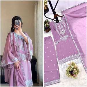 Elegante conjunto de 3 piezas de ropa india y pakistaní, elegante conjunto Kurti Dupatta con hermosa Georgette Plazzo de imitación pesada - Product Image 3