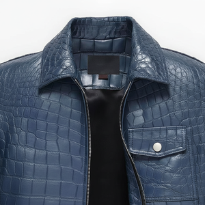 Chaqueta de Cuero de Diseño Casual de Invierno con Cuello Redondo y Estampado de Cocodrilo Azul Oscuro, Estilo con Cremallera Completa, Artículo Nuevo - Product Image 1