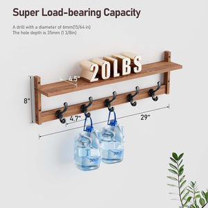 Solid Wood Coat Rack With <b>Shelf</b> 29 Inch Wall Mounted <b>Hooks</b> For Entryway Bedroom Bathroom Storage - Product Image 2