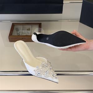 Elegantes Mules de Tacón Bajo con Encaje Rosa para Mujer, <span class=keywords><strong>Sandalias</strong></span> con Punta Puntiaguda y Cuentas de Cristal, Tacones Transpirables de Malla para Bodas y Fiestas - Product Image 3