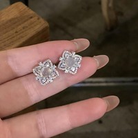 925 Silber Jade Chalcedon Vierblättrige Blumen-Ohrstecker Nischendesign Modisch Zart Schick Trendy Vielseitig Damen-Ohrringe