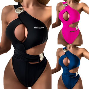 Maillot de bain une pièce PASUXI tendance en métal ajouré, couleur unie, pour femme, en Spandex/Polyester, séchage rapide, respirant, dos nu - Product Image 1