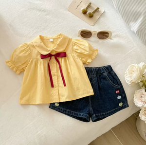 Zomer 2026 Nieuwe Kinderen Denim <span class=keywords><strong>Baby</strong></span> <span class=keywords><strong>Set</strong></span> Koreaanse Stijl Schattig Geprint Cardigan Korte Mouw Dunne Shorts Tweeledige <span class=keywords><strong>Set</strong></span> - Product Image 3