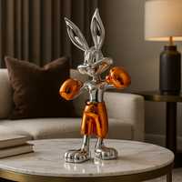 Figurine Lapin Moderne Chromé avec Gants de Boxe, Statue Décorative d'Intérieur Inspirée du Pop Art