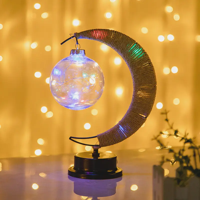 Creative Romantic Atmosphere Battery Powered Colorful Hanging Moonlight LED Lunar Table Lamp with Rattan Weaving