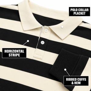 Maglia a Maniche Lunghe Personalizzata di Alta Qualità in Cotone Pettinato 280GSM, Collo a <span class=keywords><strong>Polo</strong></span>, Bottoni, a Righe, per Sport Retrò - Product Image 2