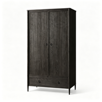 Armoire 2 portes en chêne massif avec tiroir, poignées anneaux en laiton, pieds coniques, style nordique minimaliste, rangement pour chambre à coucher, maison, appartement, hôtel